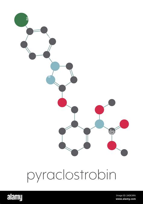 Pyraclostrobin fungicide molecule. Stylized skeletal formula (chemical structure): Atoms are ...