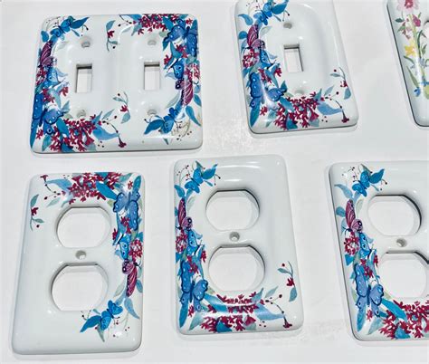 Decorative Ceramic Switch Plate and Outlet Covers....ceramic Floral Covers...blue and Burgundy ...