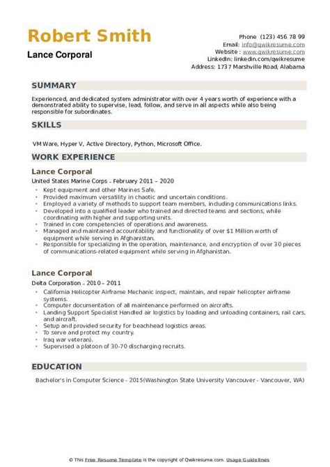 Lance Corporal Resume Samples | QwikResume