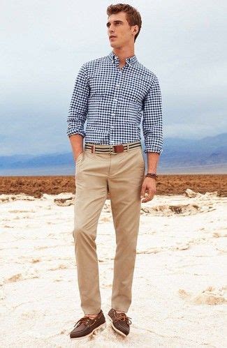 Men's Navy and White Gingham Long Sleeve Shirt, Khaki Chinos, Dark Brown Leather Boat Shoes, Tan ...
