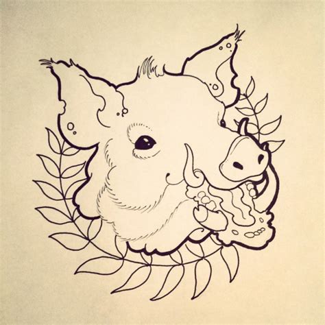 Cheerful outline pig head with small horns framed with bleaved branch ...