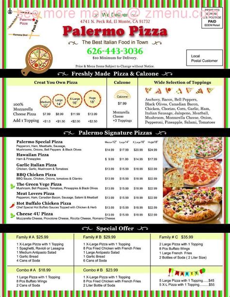 Menu at Palermo Pizza pizzeria, El Monte