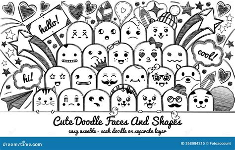 Doodle Kawaii Faces Set - Hand Drawn Vector Illustration Isolated On ...