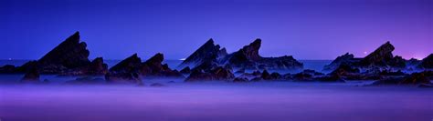 Rocky coast Wallpaper 4K, Aesthetic, Seascape, Purple sky