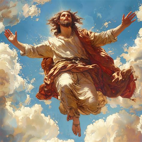 Premium Photo | A painting of a jesus in the sky with clouds and a blue sky