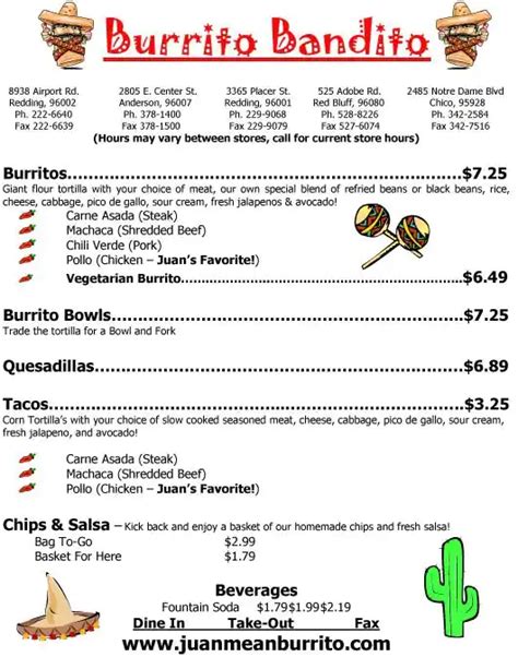 Burrito Bandito Menu, Menu for Burrito Bandito, Chico, Chico ...