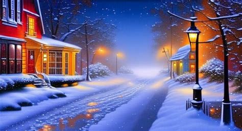 ultrarealistic beautiful small town winter scene at night with heavy snow falling to the ground ...