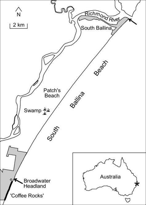 Map of South Ballina Beach and inset map showing location within ...