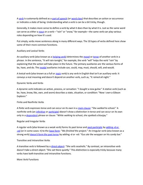 Note - A verb is customarily defined as a part of speech (or word class) that describes an ...