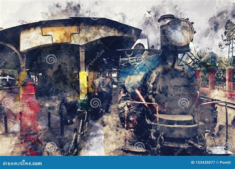 Abstract Watercolor Painting of Vintage Train, Digital Watercolor ...