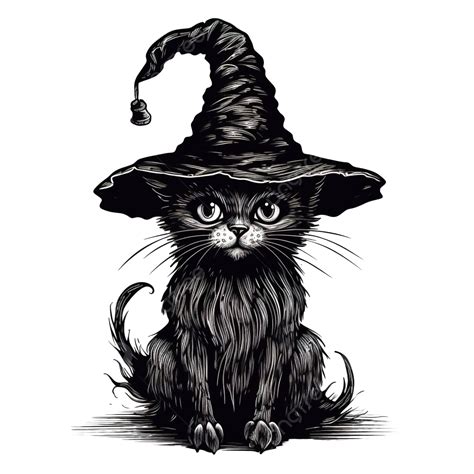 Black Witch Cat Evil Scary Mystical Animal Halloween Vector Illustration Hand Drawn Engraved ...