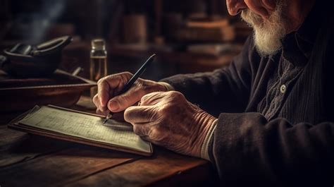 Premium AI Image | A man writing in a notebook with a pen.