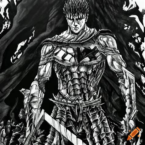 Guts character of berserk manga, manga panel, tattoo, blackwork, dark, dark knight, black and ...