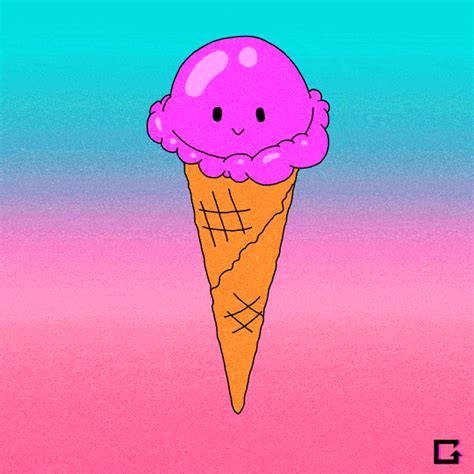 an ice cream cone with a smiley face on it's side, against a pink and ...