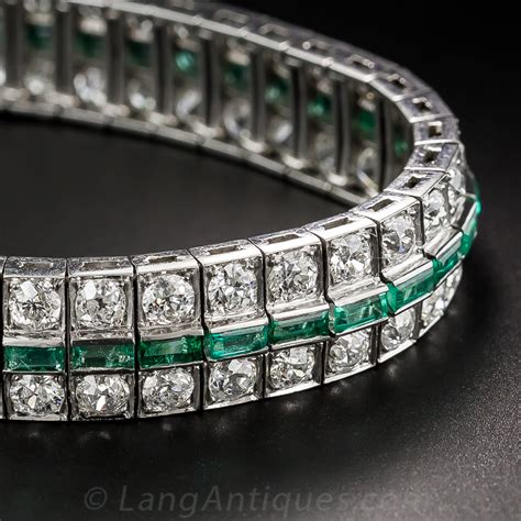 Art Deco Diamond and Emerald Three Row Bracelet - Antique & Vintage Bracelets - Vintage Jewelry