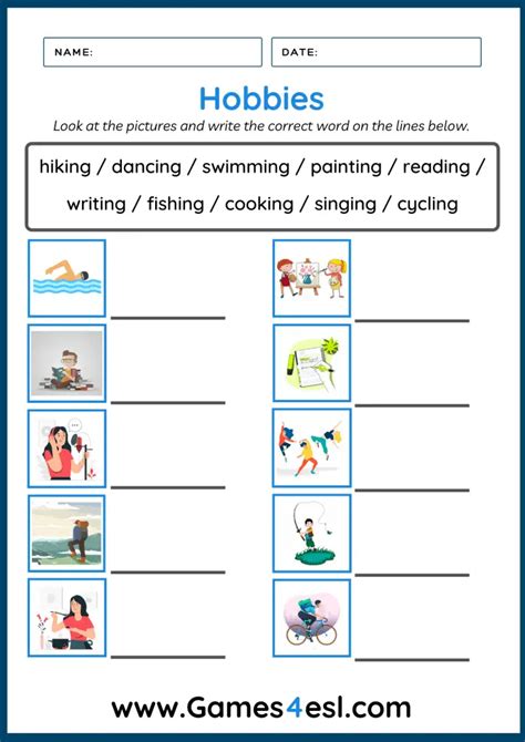 Hobbies Worksheets | Games4esl