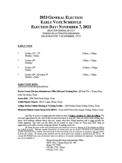 Brazos County Early Voting Schedule | PDF