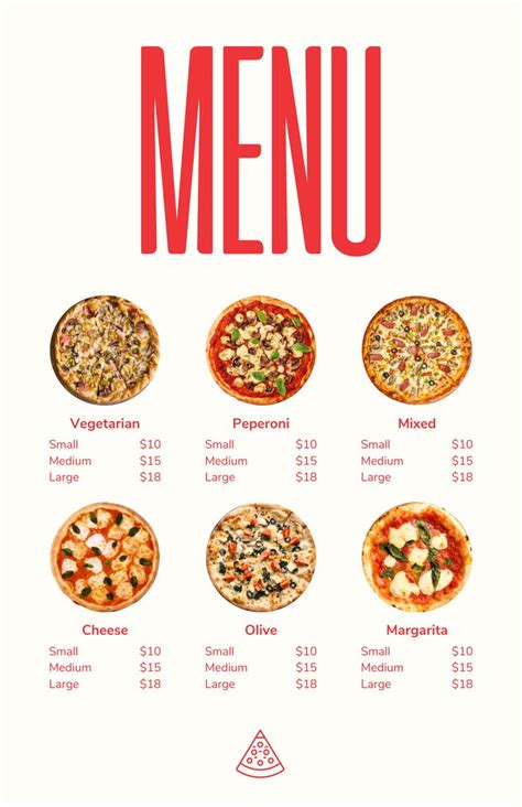 a menu with different types of pizzas and toppings for each individual item on it