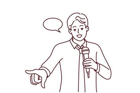 Young confident man with microphone make speech in front of audience. Smiling male speaker or ...