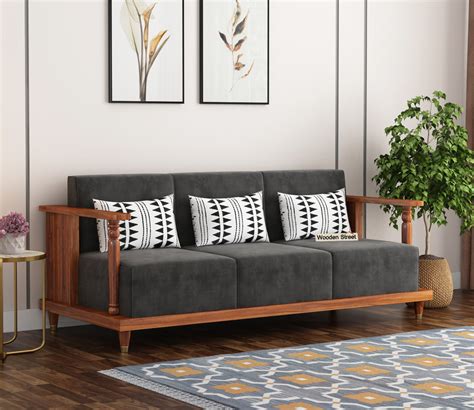 Buy Georgia 3 Seater Wooden Sofa (Teak Finish, Graphite Grey) Online in India at Best Price ...