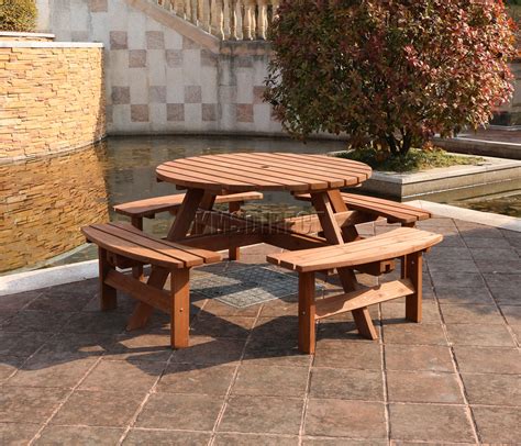 Garden Patio 8 Seater Wooden Pub Bench Round Picnic Table furniture Brown New | eBay