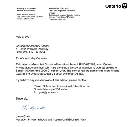 Ministry Accreditation Letter | Ontario eSecondary School