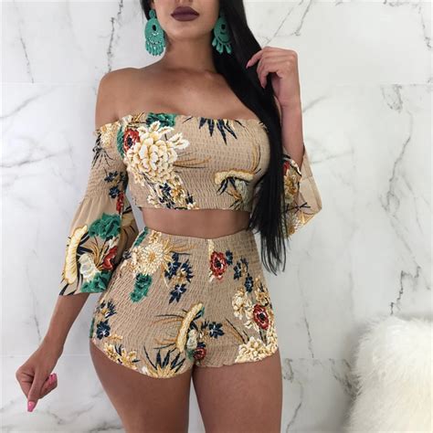 Aliexpress.com : Buy 2018 New Women Two Piece Outfits Floral Print Crop Top Women Two Piece Set ...