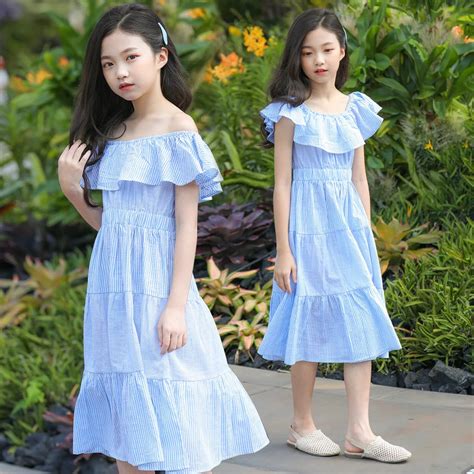 Teenage Girls Children Dress Ruffle Shoulderless Summer Holiday Kids Dresses for Girls Clothes ...