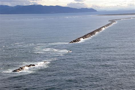 Aerial photo of the jetties at the Mouth of the Columbia River.