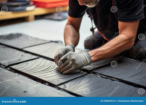 Worker Installing Ceramic Tiles. Construction and Architecture Concept. Background with a Copy ...