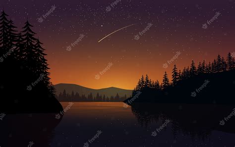 Premium Vector | Beautiful starry night at lake