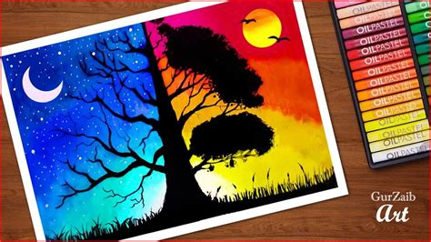 Day and night scenery drawing with oil pastels - day and night tree ...