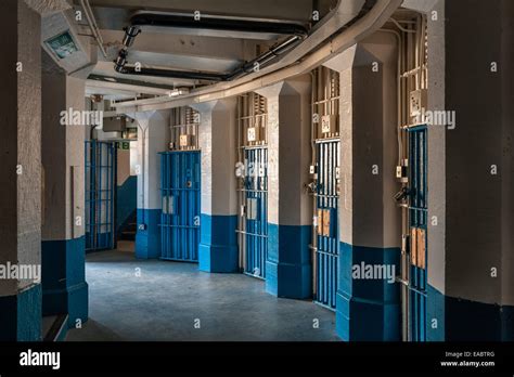 Inside HMP Lancaster Castle, Lancashire, UK. Barred doors to the prison ...