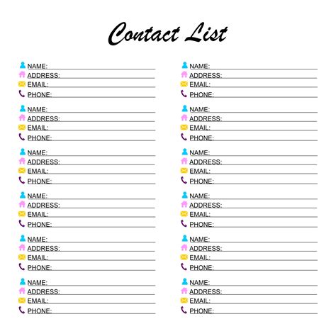 Phone Contact List Template - 10 Free PDF Printables | Printablee