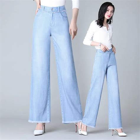 2019 spring new style silk jeans loose waist wide leg jeans pants women high waist light blue ...