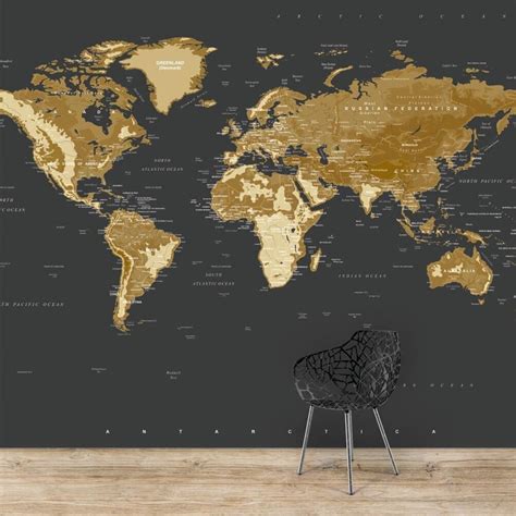 World Map Wallpaper Black and Gold - Etsy