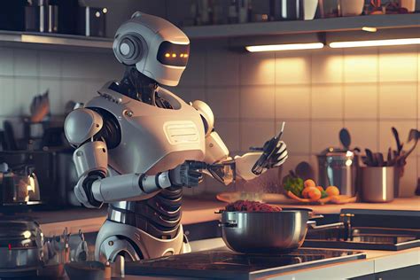 Robot chef cooking in kitchen of future home genius, smart robot ...