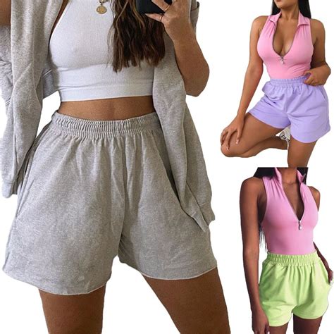 Summer Women Casual Loose Shorts Solid Color High Waist Ladies Stylish ...