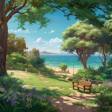 Premium AI Image | A painting of a park with a beach and a bench in the ...