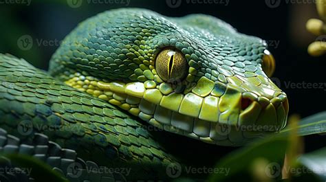 Close-up photo of a Green Tree Python looking in their habitat ...