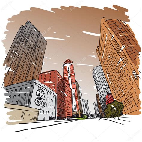 Paisaje urbano dibujado a mano, ilustración del vector vector, gráfico vectorial © Roman84 ...