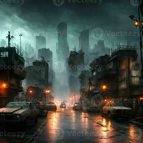 post apocalyptic city at raining night, generative art by A.I. 23999097 Stock Photo at Vecteezy