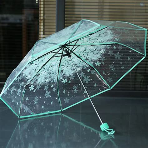 3 Fold Sun Rain Umbrella Rain Tools Women Transparent Clear Cherry ...