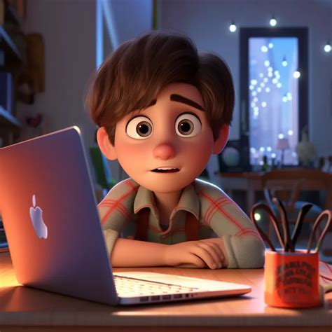 young boy with dark brown hair and big brown eyes sitting in front his laptop working as ...