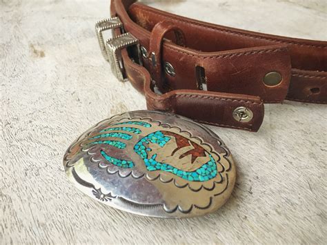 Sterling Silver Belt Buckle for Men with Crushed Turquoise and Coral Bear Claw Design, Native ...