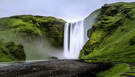 HD wallpaper: landscape photography of waterfalls on green mountain, iceland, iceland ...