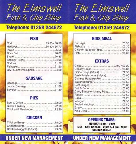 Elmswell Fish and Chip Shop Takeaway Menu