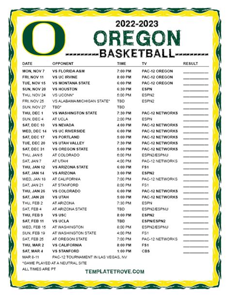 Printable 2022-2023 Oregon Ducks Basketball Schedule