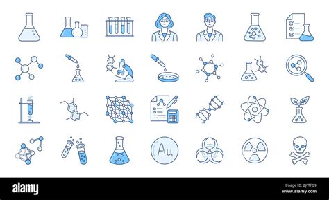 Chemistry doodle illustration including icons - flask, lab tube, scientist, petri dish, beaker ...