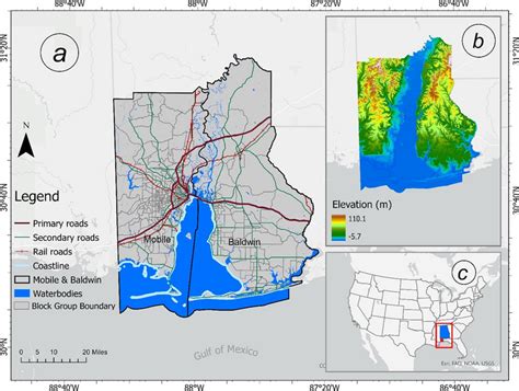 Study area map (a) administrative map of Mobile Bay (b) elevation map... | Download Scientific ...